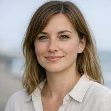 Young woman, dark-blonde hair, light freckles, calm expression, coastal backdrop
