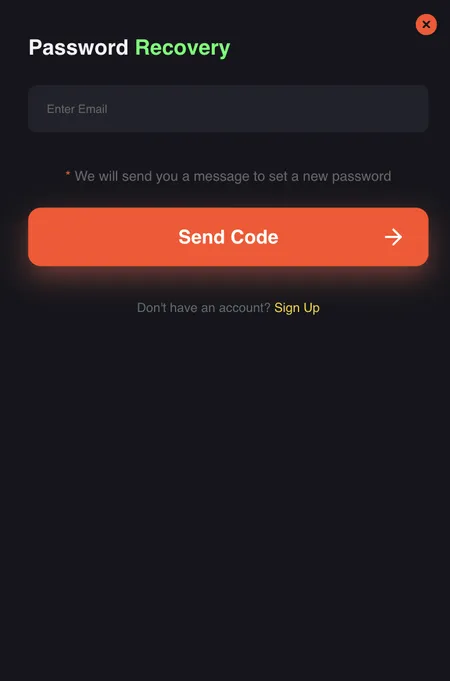 FreshBet password recovery screen with email field